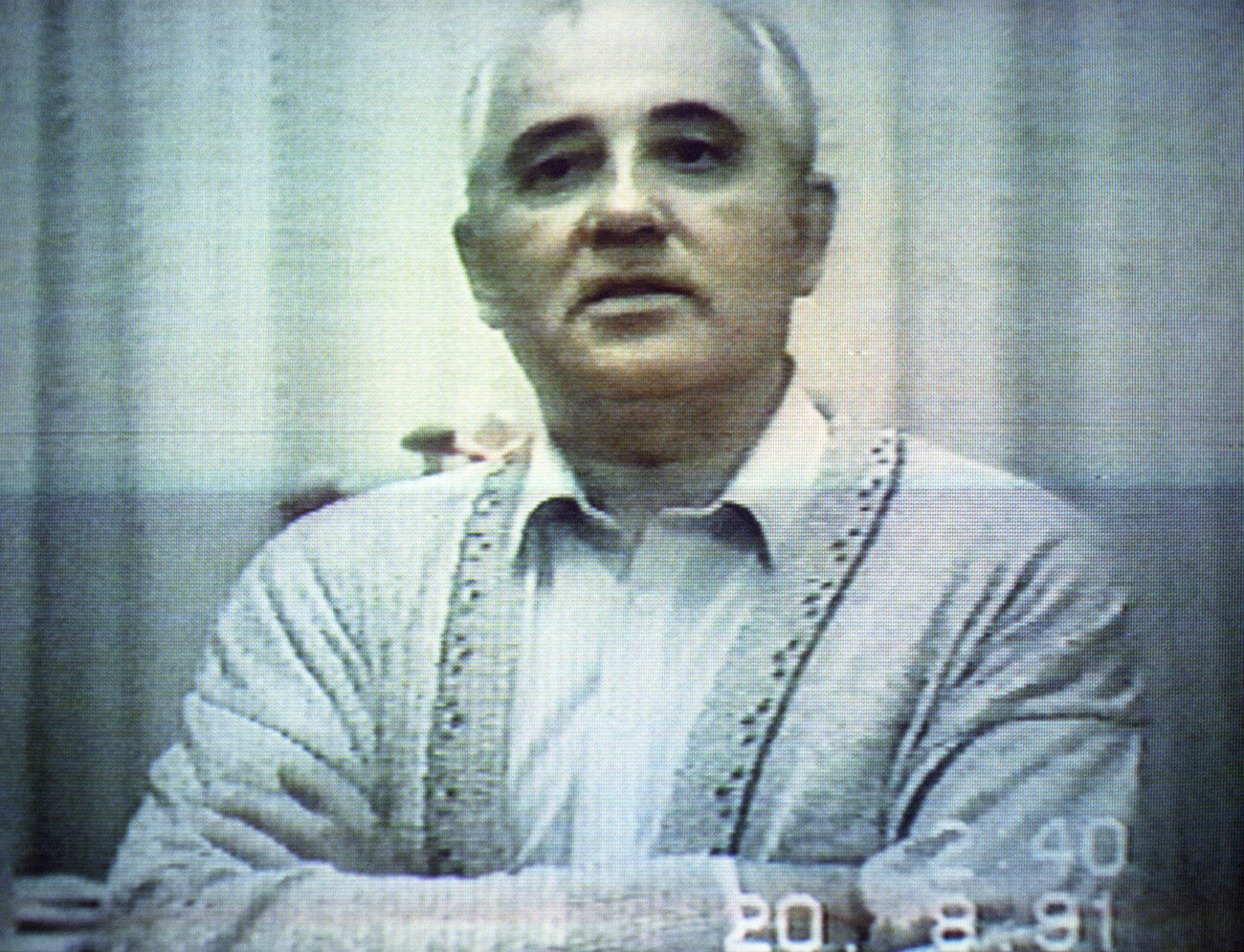 A frame from the video message of the President of the USSR Mikhail Gorbachev to the people, recorded on August 20, 1991 during his house arrest at his dacha in Foros.