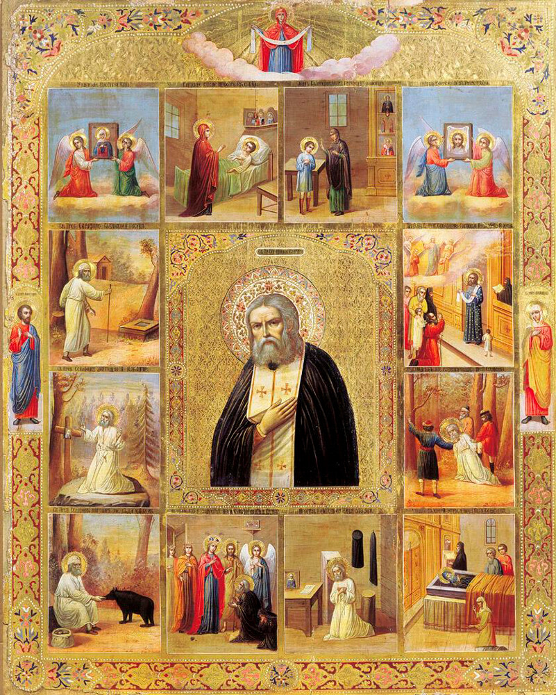 Hagiographic icon with the life of Seraphim of Sarov. Early 20th century
