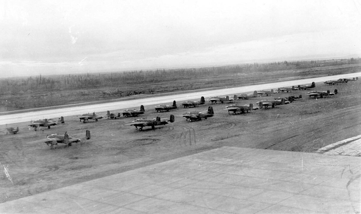 B-25 'Mitchell', A-20 'Boston' bombers and P-39 'Aerocobra' fighters, prepared for delivery to the Soviet Union.