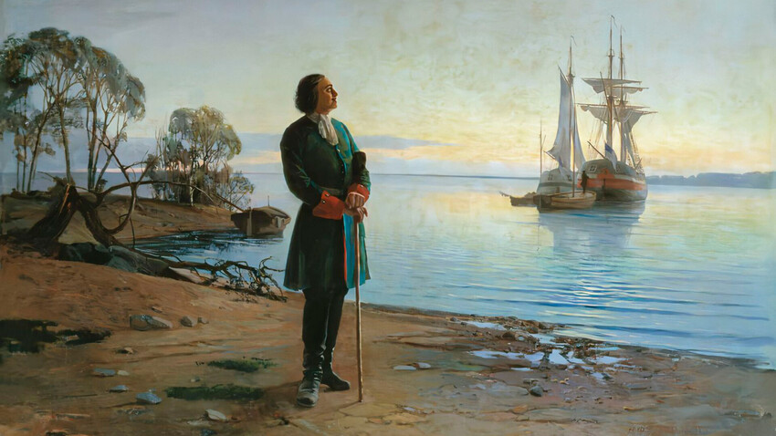 Desenho de Nikolai Dobrovolski representando Pedro à beira do Neva. "Aqui será instalada a cidade", 1880.