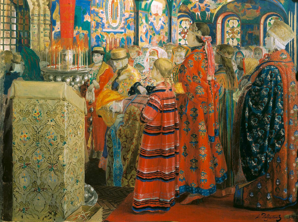 “Nobili donne russe durante una funzione religiosa”, dipinto di Andrej Rjabushkin. Si noti il pallore della donna sulla destra: probabilmente ha usato della biacca