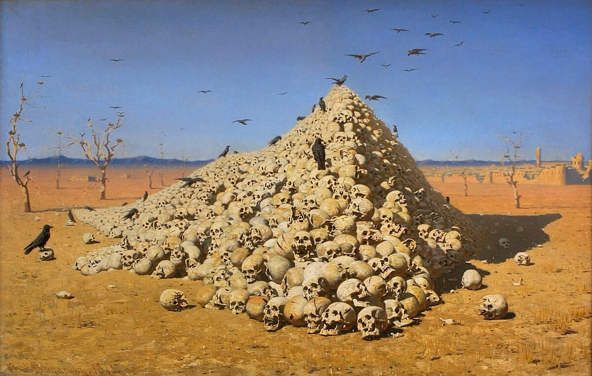 “L’apoteosi della guerra”, dipinto di Vasilij Vereshchagin del 1871, olio su tela,127×197 cm