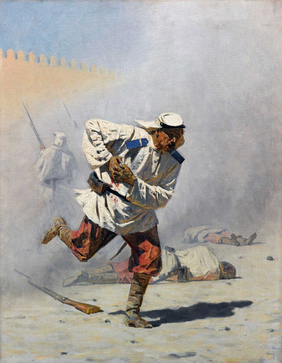 “Ferito a morte”, dipinto di Vasilij Vereshchagin del 1873, olio su tela, 73×56,6 cm