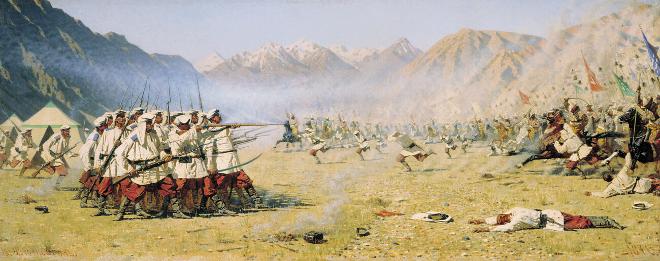“Attacco a sorpresa”, dipinto di Vasilij Vereshchagin del 1871, olio su tela, 82×207 cm