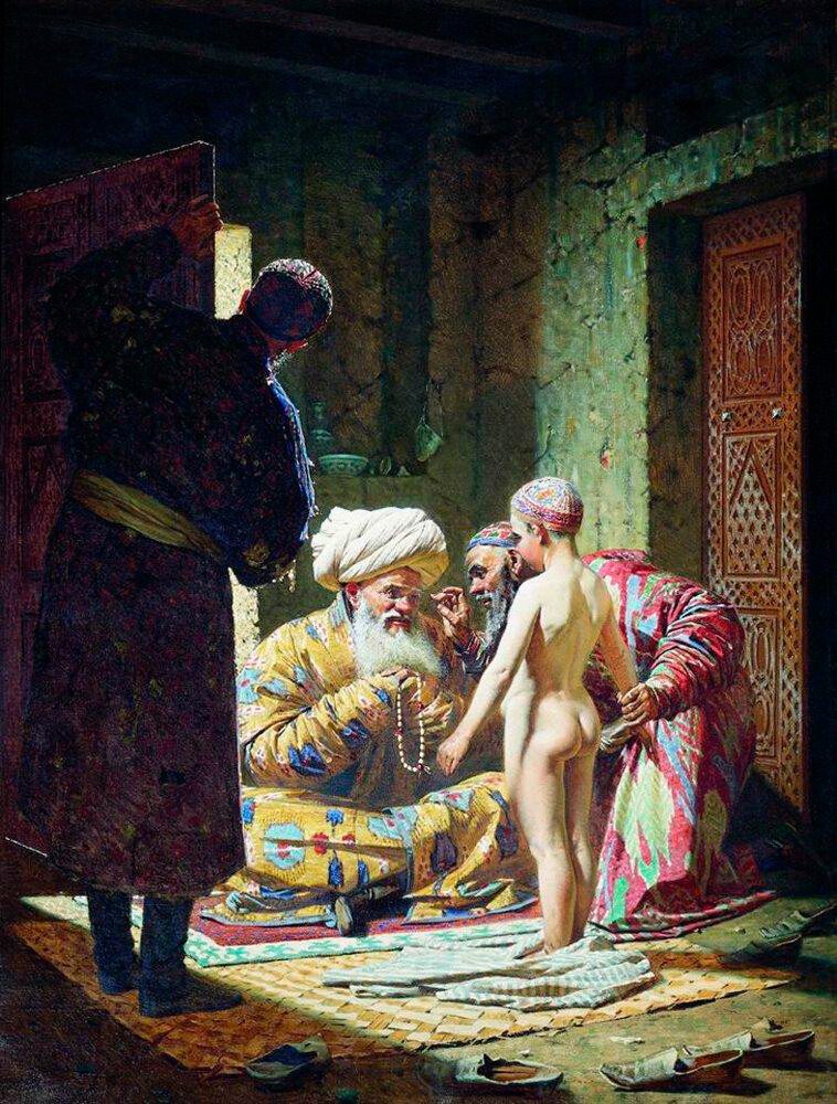 “Vendita del piccolo schiavo”, dipinto di Vasilij Vereshchagin del 1872, olio su tela, 123x92,4 cm