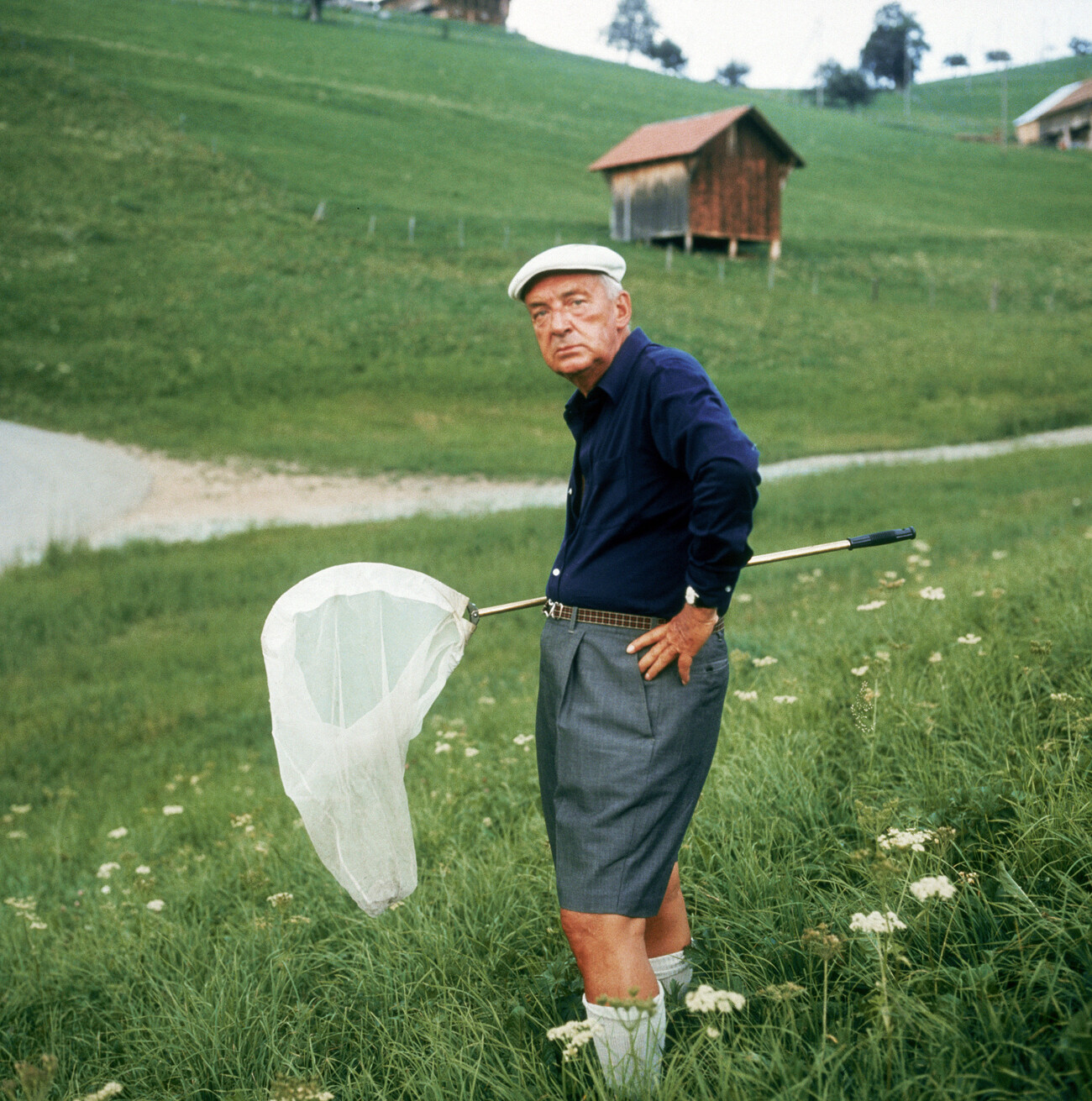 Vladímir Nabokov de pie con una red para mariposas al aire libre en las colinas de Suiza, hacia 1975