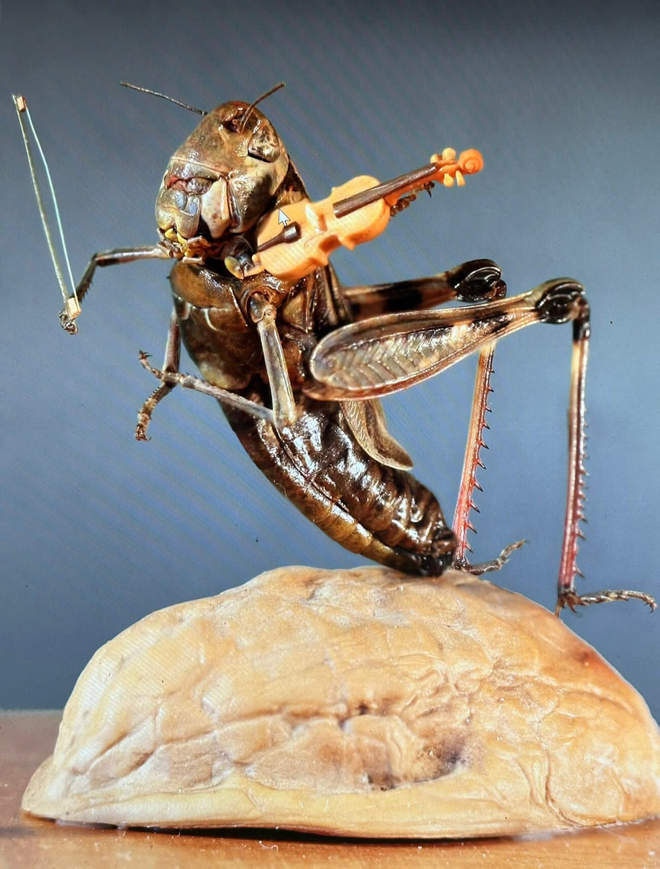 Grasshopper with violin. The violin is 12 mm long