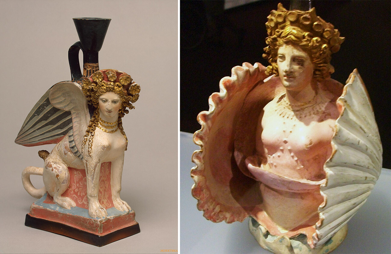 Ancient Greek vessels in the shape of a sphinx and of Aphrodite, found during the excavations of a necropolis in Phanagoria