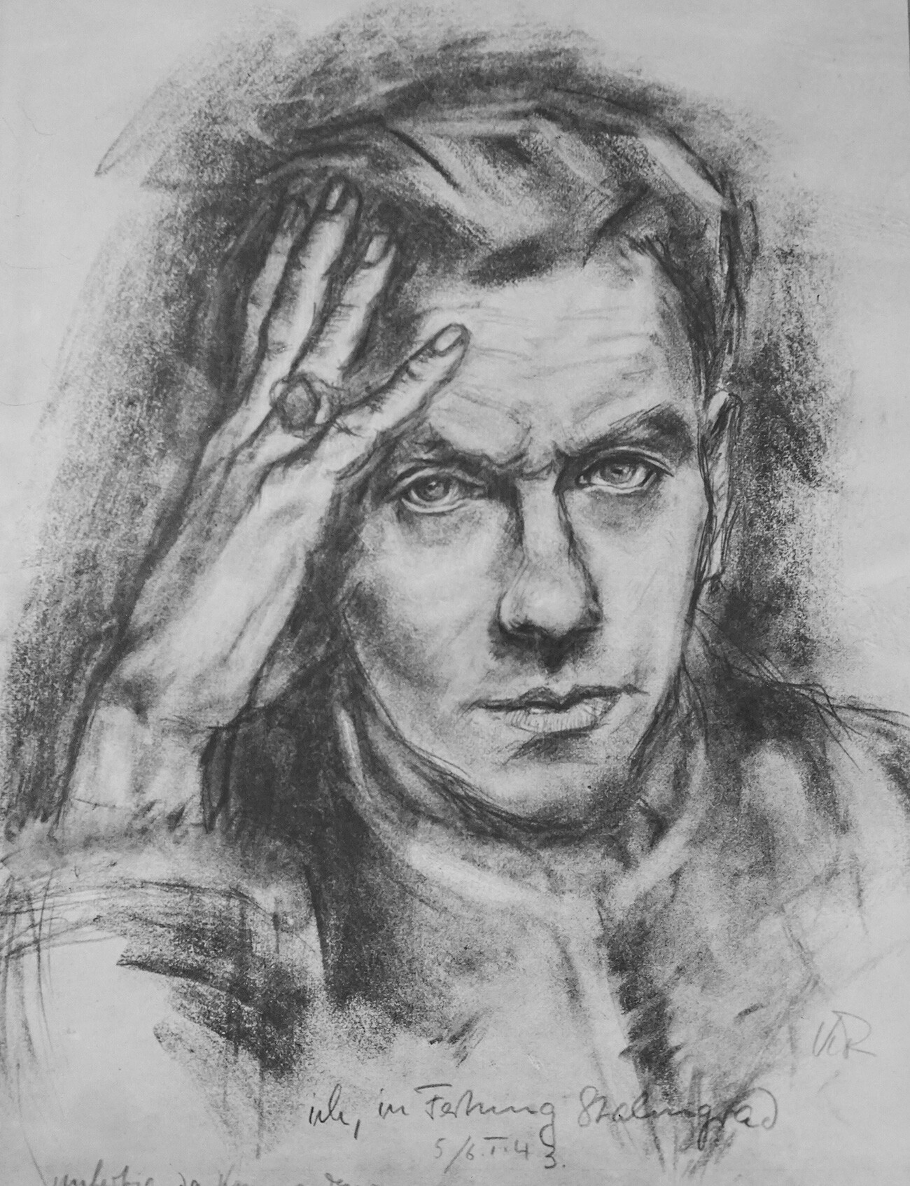 Kurt Reuber, avtoportret. Ta portret se nahaja v Klostru Kirchberg, ni jasno, ali gre za izvirnik ali kopijo. Napis se glasi 