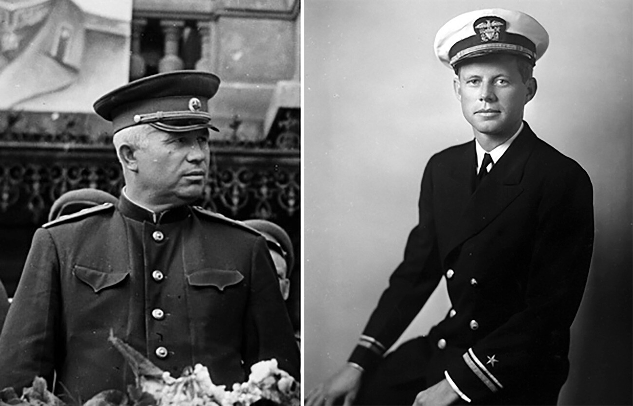 Left: First Secretary of the Central Committee of the Communist Party of Ukraine Nikita Khrushchev on the tribune, 1944. 
Right: Lt. John F. Kennedy in ceremonial dress, 1942. 