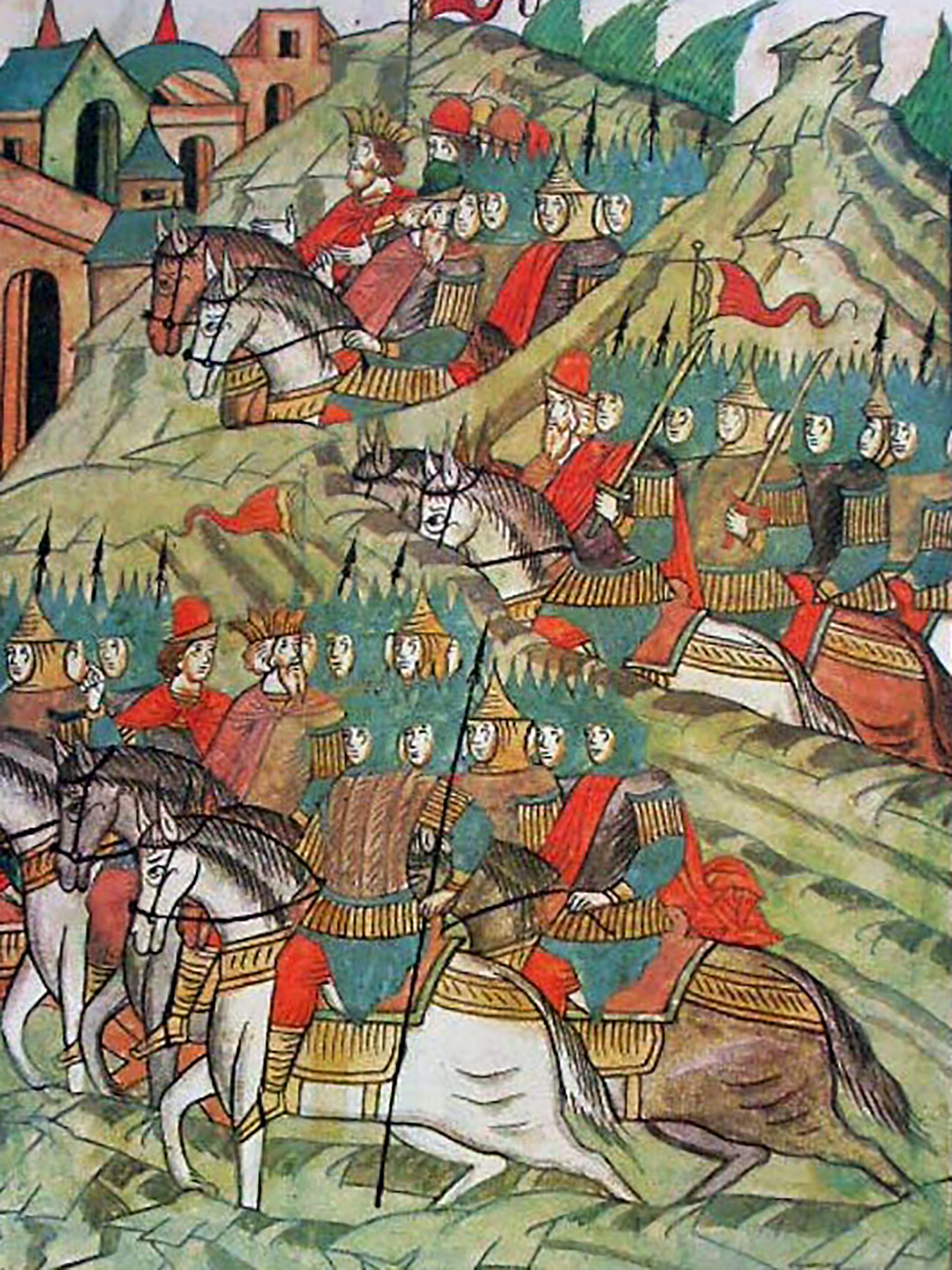 Russian warriors, a picture from the Illustrated Chronicle of the 16th century