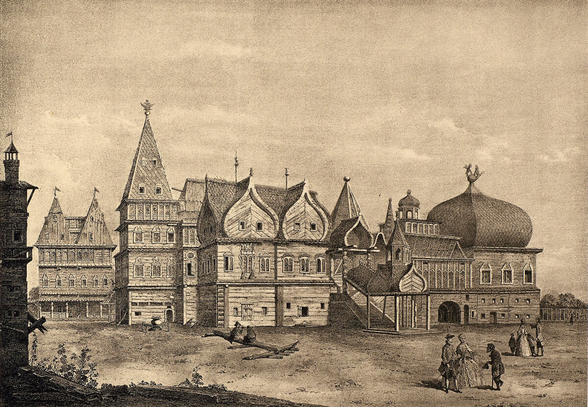 Moscovia. Palacio de madera en Kolomenskoie (vista antigua de madera). Grabado de Gilferding, 1780