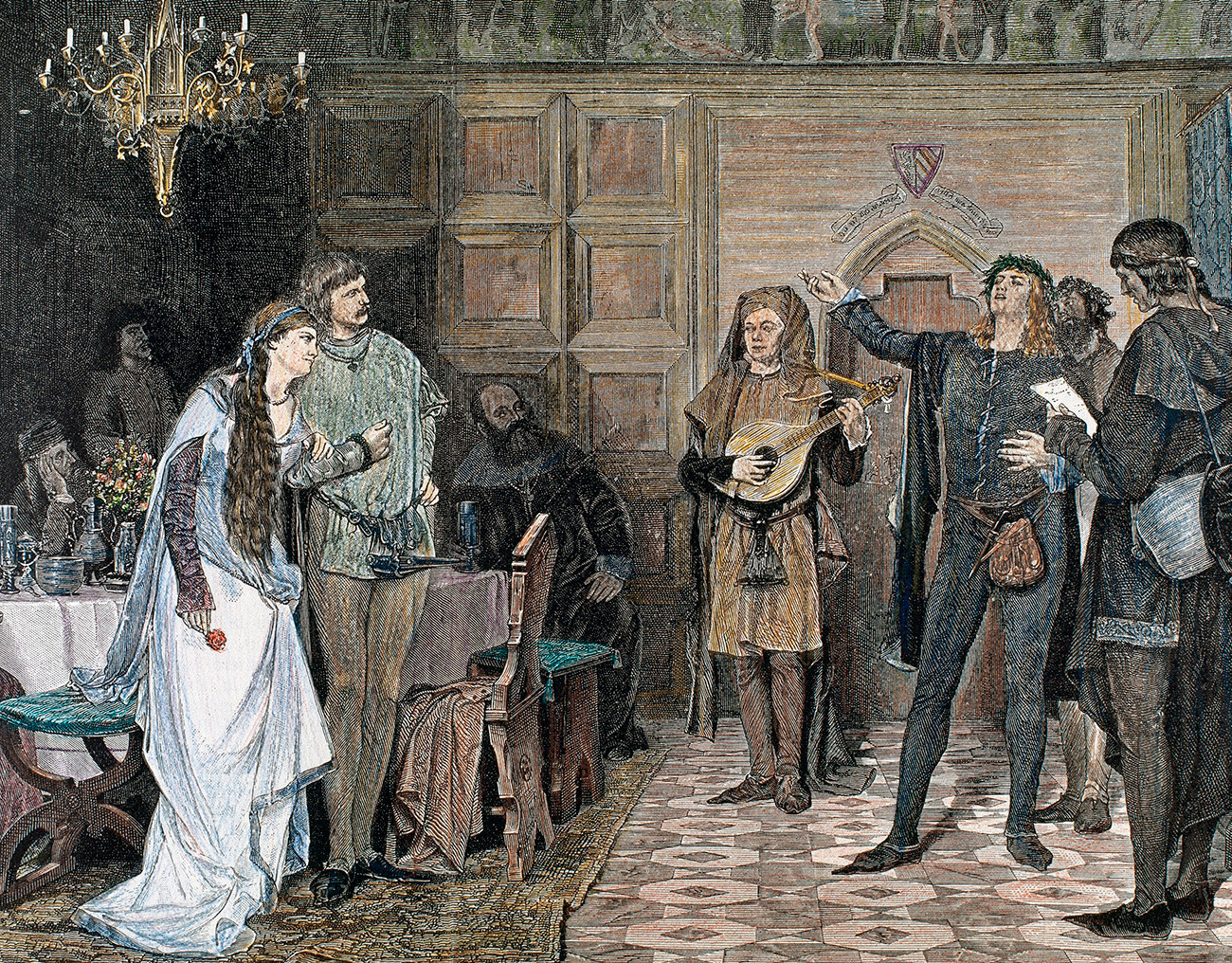 Trovadores cantando y recitando uno de sus poemas, escrito en occitano. Siglos XII y XIII. Grabado coloreado.