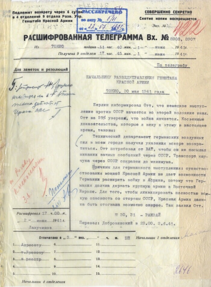 Telegrama cifrado sobre el ataque alemán a la URSS en la segunda quincena de junio de 1941.