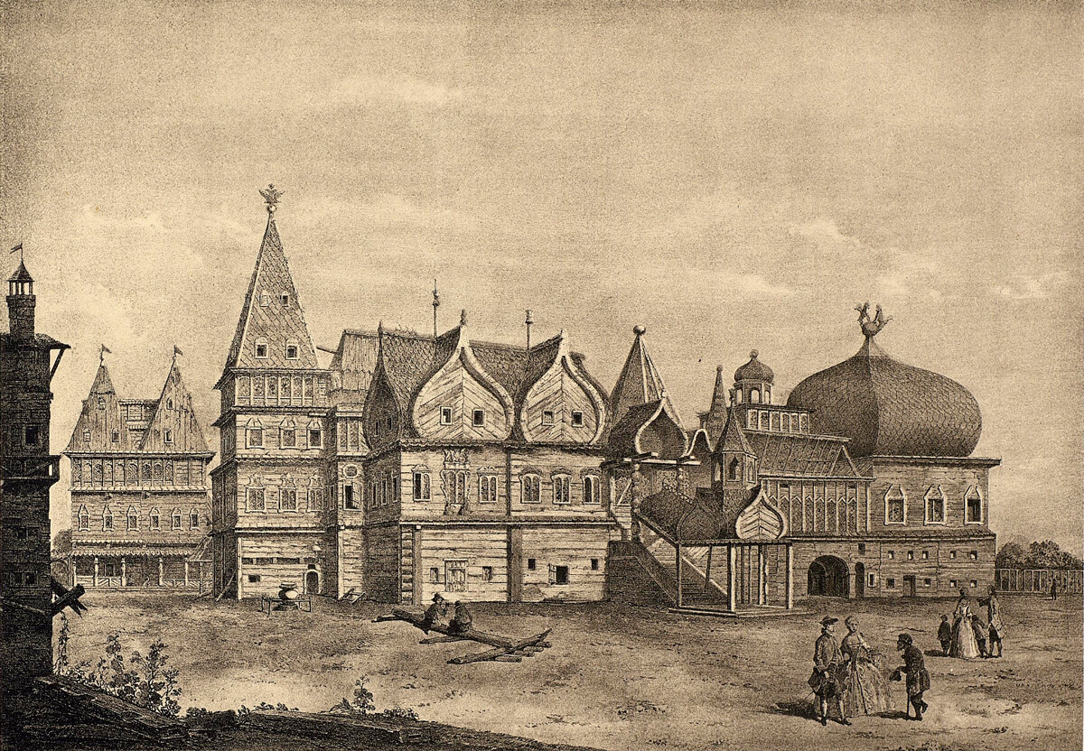 The wooden palace of the Russian tsars in Kolomenskoe, Moscow. An engraving from 1780, shortly before the palace's demolition.