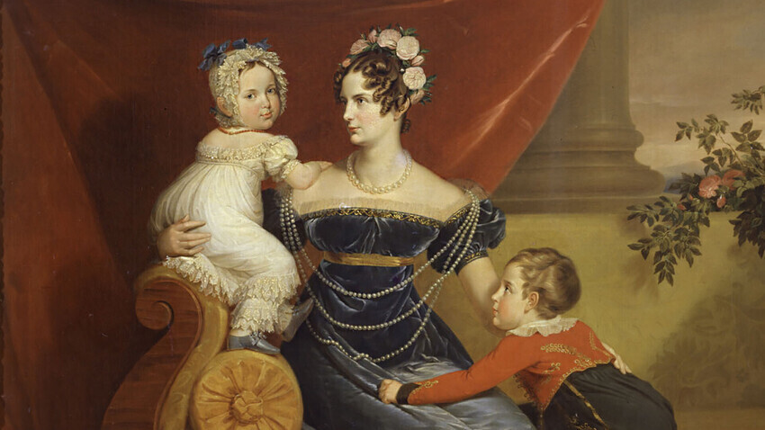 Potret Permasiuri Agung Alexandra Fedorovna bersama anak-anaknya — Adipati Agung Alexander Nikolaevich dan Putri Maria Nikolaevna. 1821-1824, George Dawe