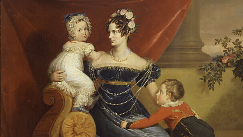 Porträt der Großfürstin Alexandra Fjodorowna mit ihren Kindern - Großfürst Alexander Nikolajewitsch und Großfürstin Maria Nikolajewna. 1821-1824, George Dawe