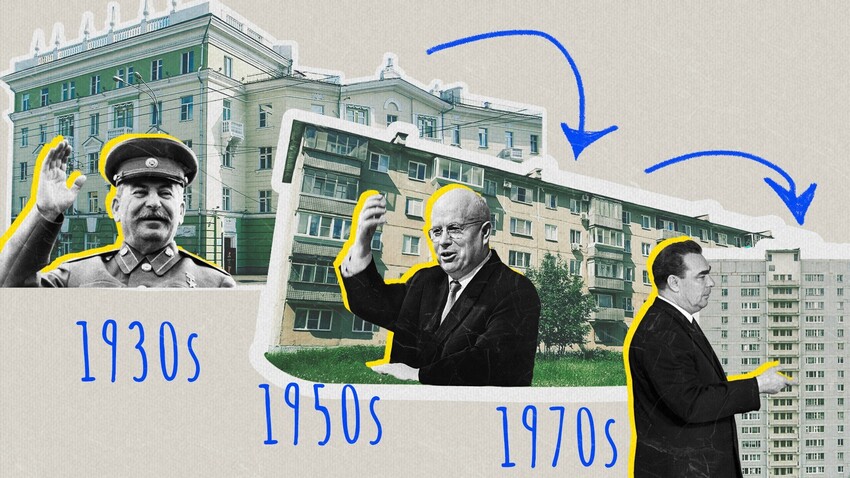 How did apartment blocks change under Stalin, Khrushchev & Brezhnev?