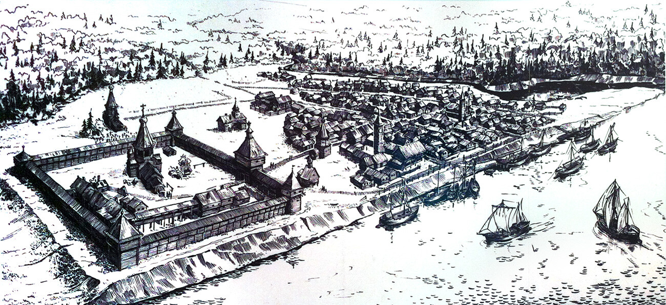 L’ostrog (cittadella fortificata) di Mangazeja, con un primo insediamento urbano. Ricostruzione basata sugli studi di M. Belov