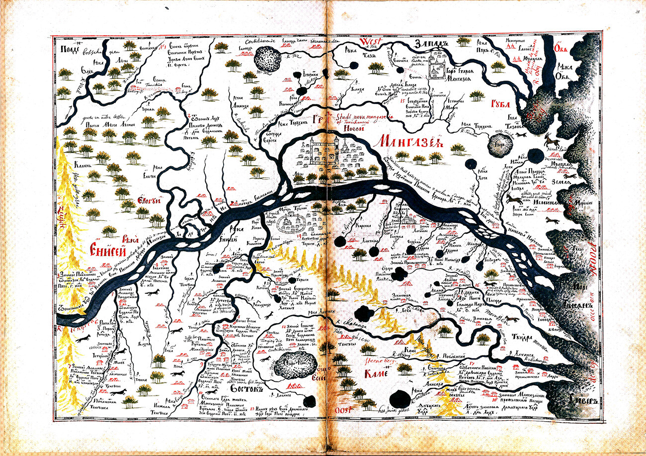 Mappa di Novaja Mangazeja (oggi Staroturukhansk, villaggio di appena 70 abitanti nel Territorio di Krasnojarsk) con gli insediamenti vicini, verso la fine del XVII secolo. Dal “Libro a disegni della Siberia, compilato da Semjon Remezov, boiardo di Tobolsk nel 1701”