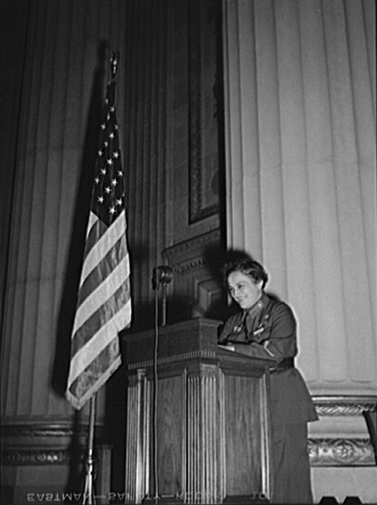 Washington, D.C. International youth assembly. The delegate from Russia, Liudmila Pavlichenko, is addressing the convention.