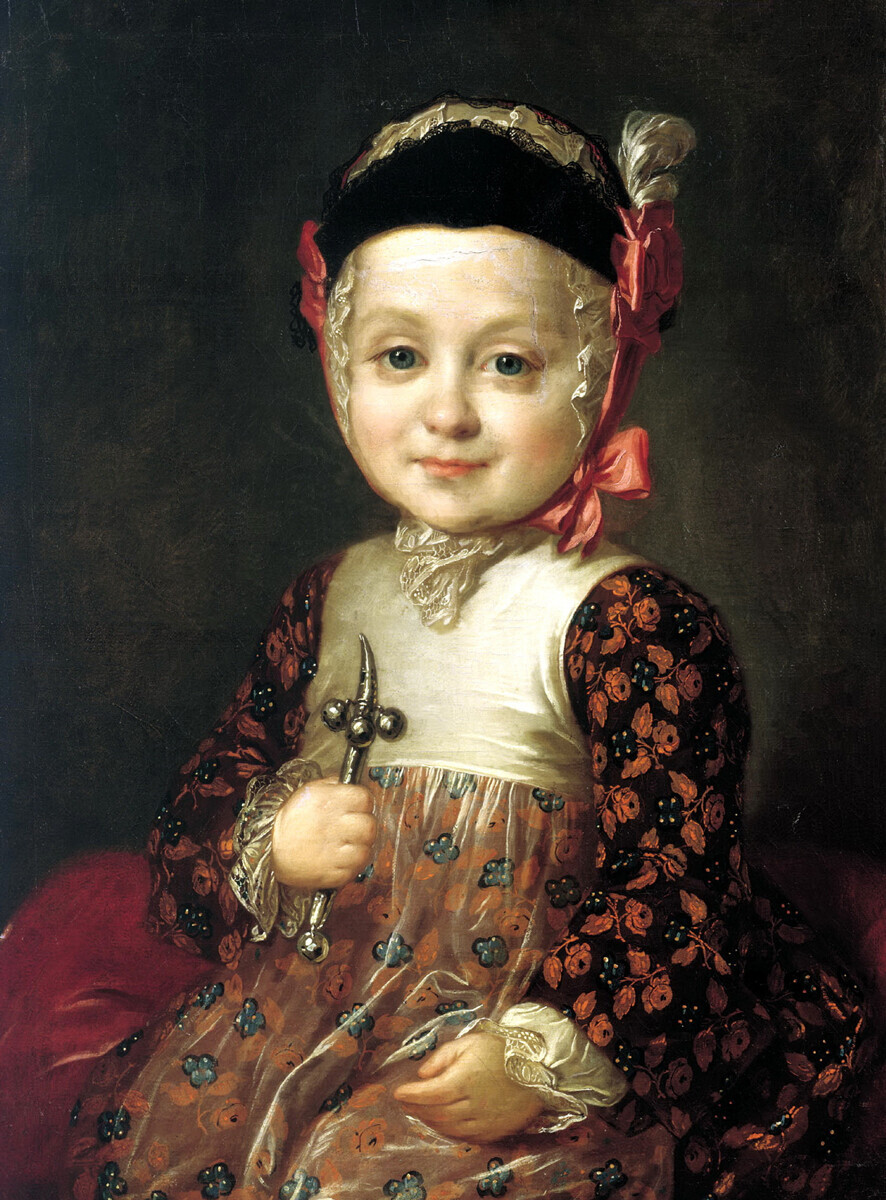 Alexej Bobrinskij als Kind, 1760er Jahre, Fjodor Rokotow.
Bobrinskij war der illegitime Sohn von Katharina der Großen und Fürst Grigorij Orlow