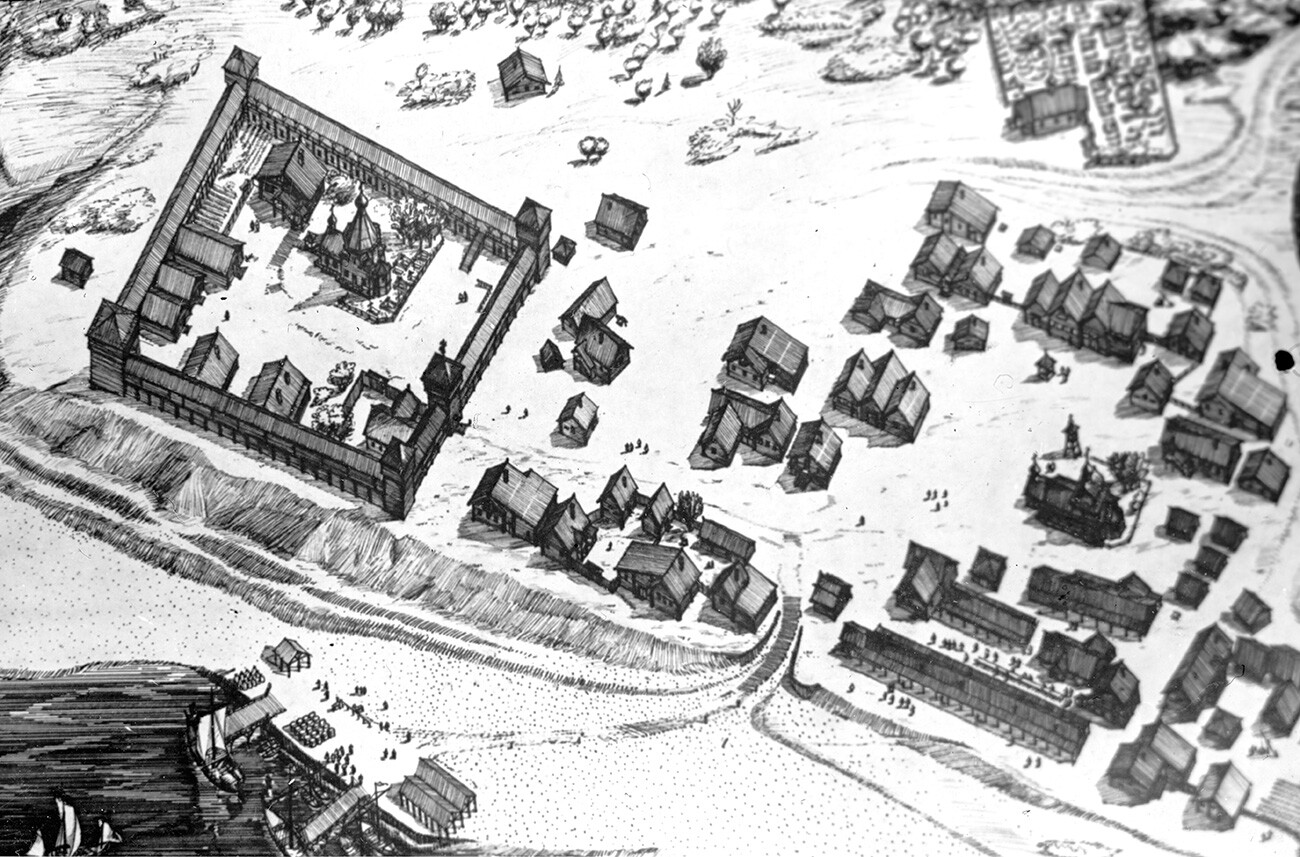 Der Plan der Stadt Mangaséja, rekonstruiert auf der Grundlage von Dokumenten aus dem 17. Jahrhundert und archäologischen Ausgrabungen.