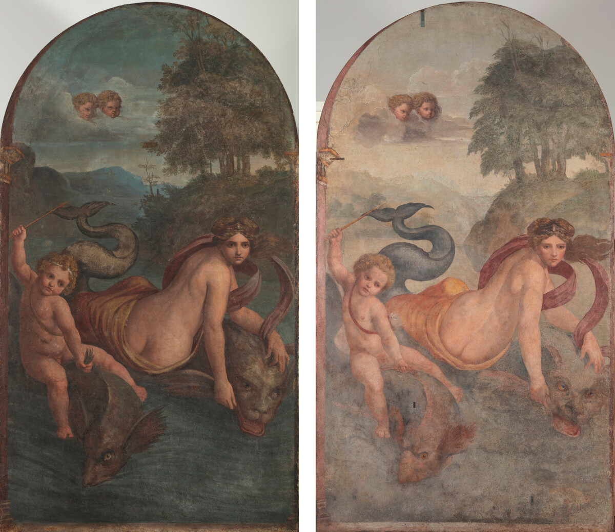 ‘Venus and Cupid on Dolphins’ before and after restoration