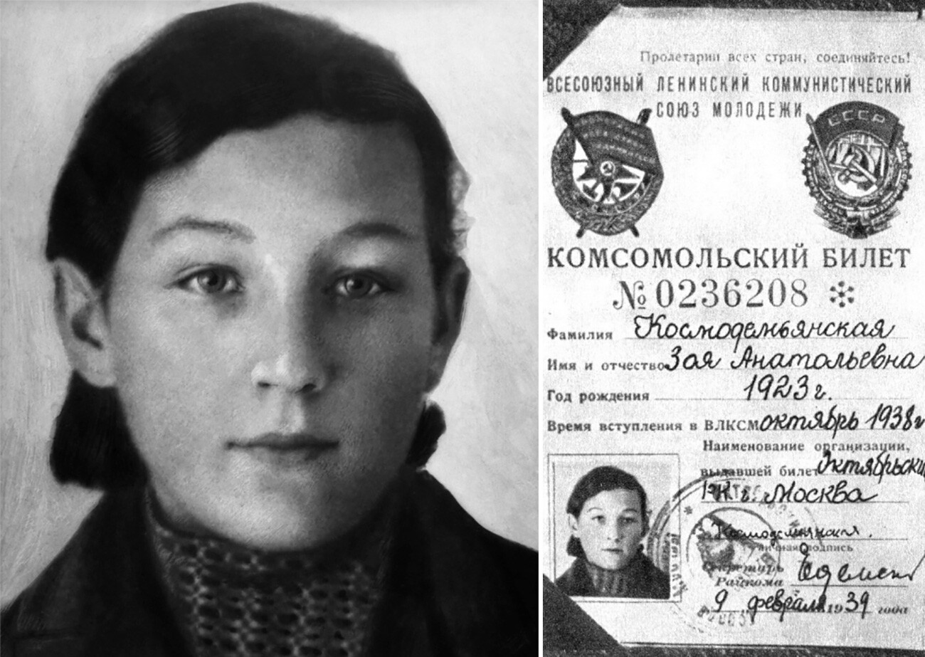 Fotografija za komsomolsko izkaznico in komsomolska izkaznica Zoje Kosmodemjanske 