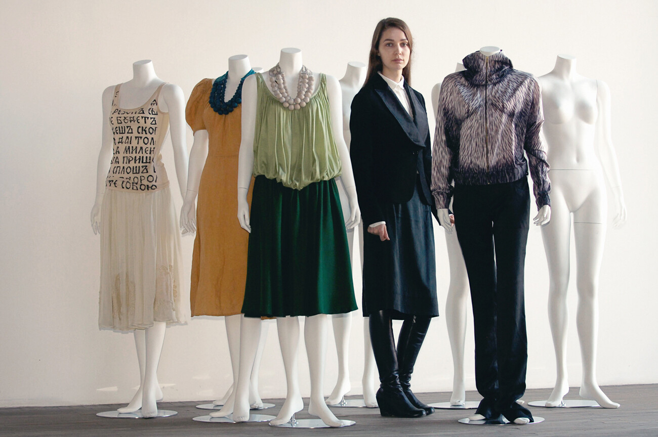 Alyona Akhmadullina among her designs. St. Petersburg, 2006