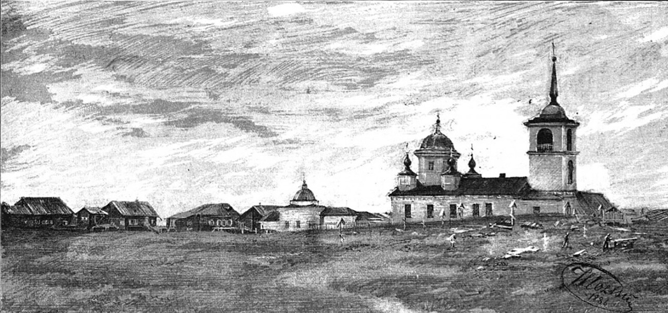 Pogled na mesto Pustozjorsk v Arhangelski guberniji. Objavljeno v Vsemirnaja Illustracija, 1886 