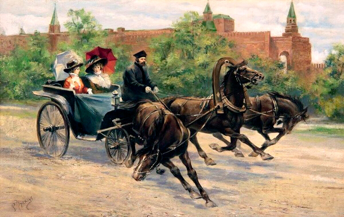 In carrozza vicino al Cremlino, dipinto di inizio Novecento del pittore russo di origini tedesche Rudolf Frentz (1888-1956)