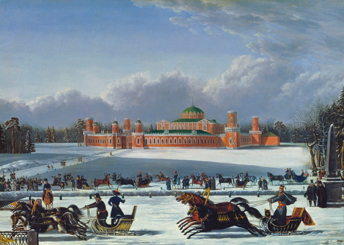 Courses de traîneaux dans le parc Petrovski. Artiste inconnu, années 1830-1840