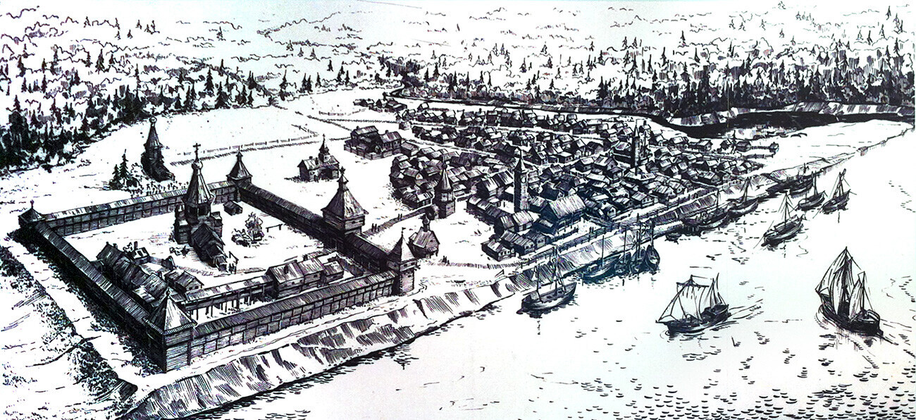 El 'ostrog' de Mangazéia con un asentamiento. Reconstrucción basada en las investigaciones de M. Belov.