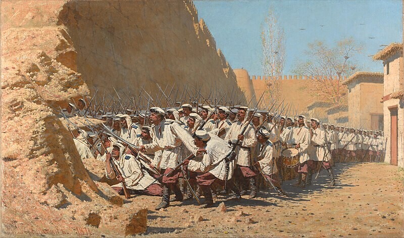 “Deixe-os entrar” (1871), de Vassíli Verescháguin. Pintura comemorativa da tomada de Samarcanda (atual Uzbequistão) pelas tropas imperiais russas