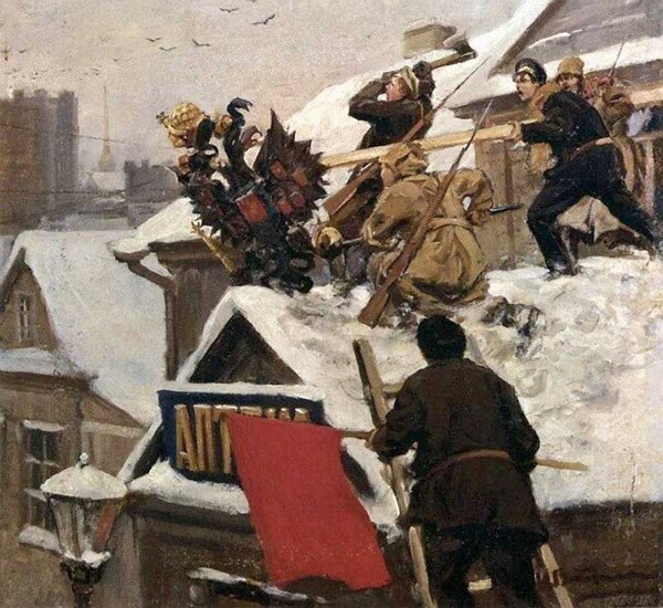 “Abaixo a Águia”, pintura de IA Vladimirov mostrando revolucionários derrubando uma águia tsarista de um edifício
