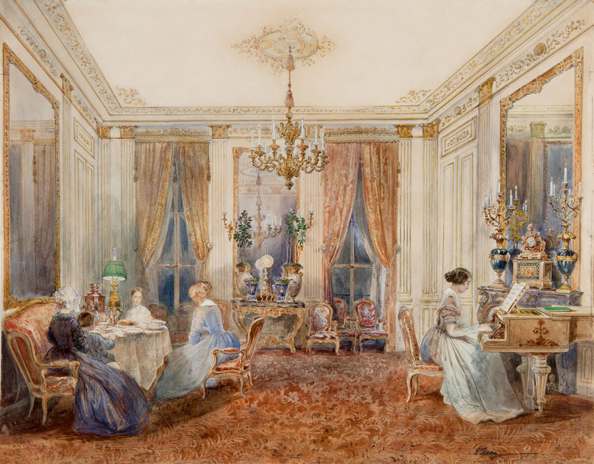 Sala do apartamento da Condessa A.S. Sheremeteva no Boulevard Poissonnière em Paris. Artista desconhecido, 1842