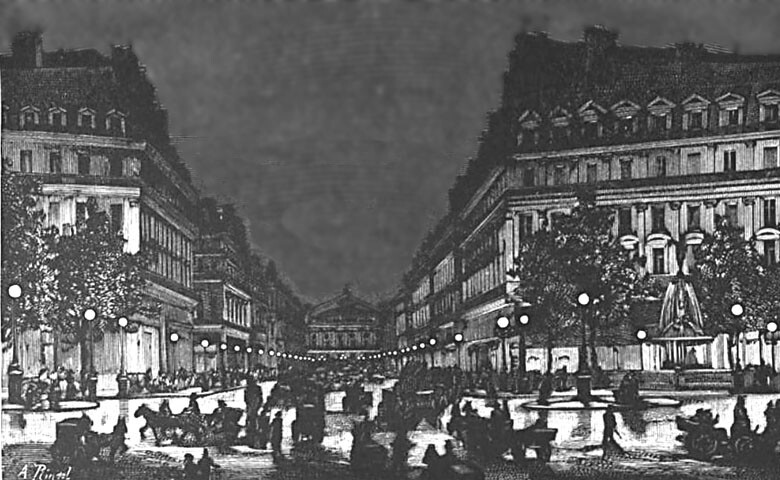 Les bougies Jablochkoff éclairent l'avenue et la place de l'Opéra durant l'exposition universelle de 1878 à Paris