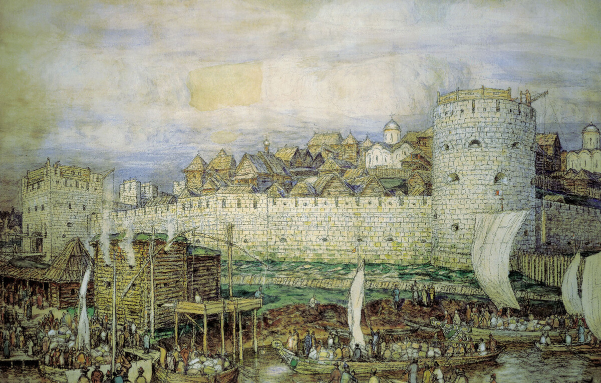 Apollinári Vasnetsov, “Provável vista do Kremlin de pedra branca de Dmítri Donskôi. Final do século 14” (1922).