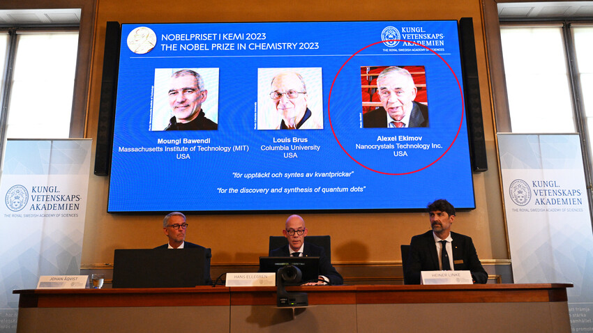 The announcement of the winners of the 2023 Nobel Prize in chemistry at Royal Swedish Academy of Sciences in Stockholm on October 4, 2023.