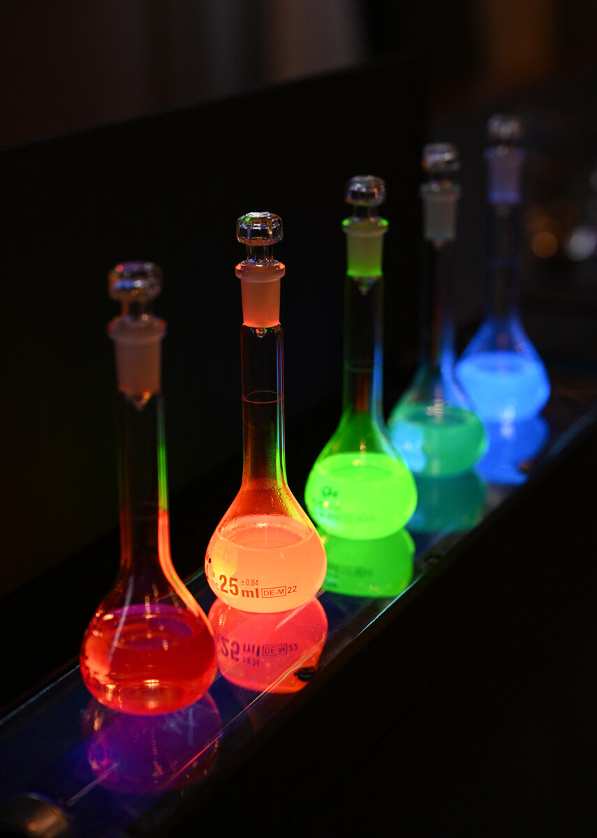 Laboratory flasks used for explanation during the announcement of the winners of the 2023 Nobel Prize in chemistry. 