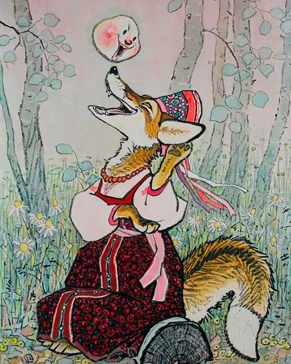 Illustration du conte populaire russe Kolobok, par Evgueni Ratchev, 1964. Le renard incite le personnage principal, Kolobok, une boule de pâte, à s'asseoir sur son nez pour qu'il puisse ensuite le manger.