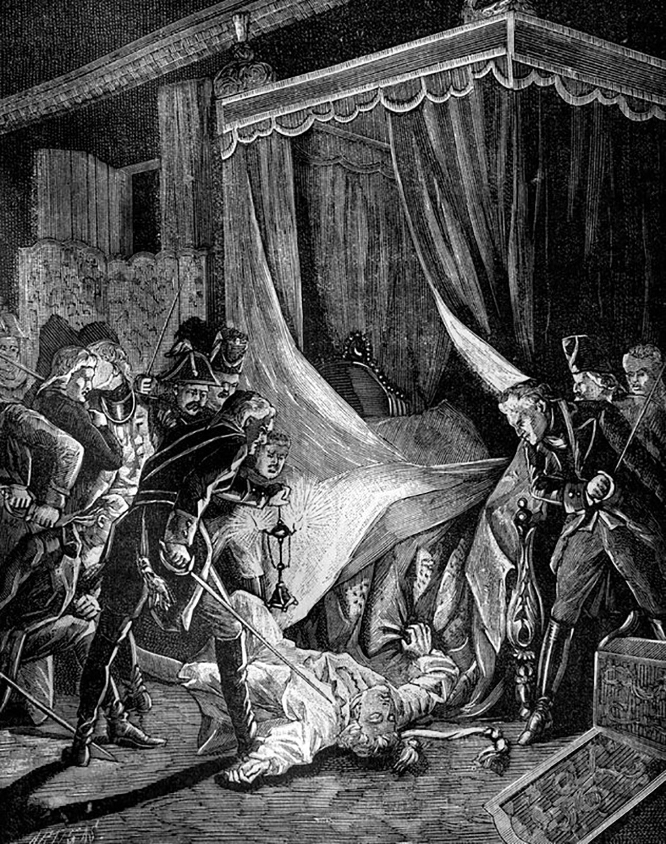 El asesinato del emperador Pablo I (grabado francés, década de 1880)