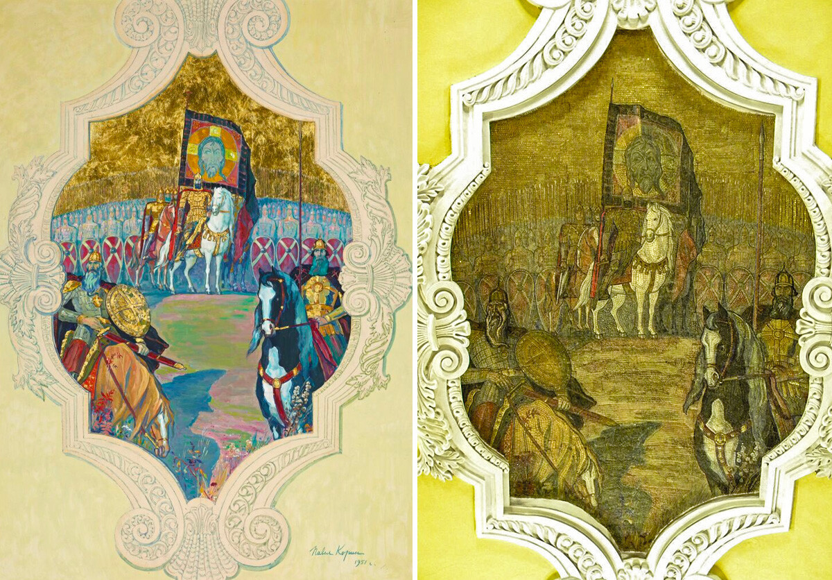 A sketch of the mosaic at Komsomolskaya station and the mosaic itself with a depiction of Dmitry Donskoy