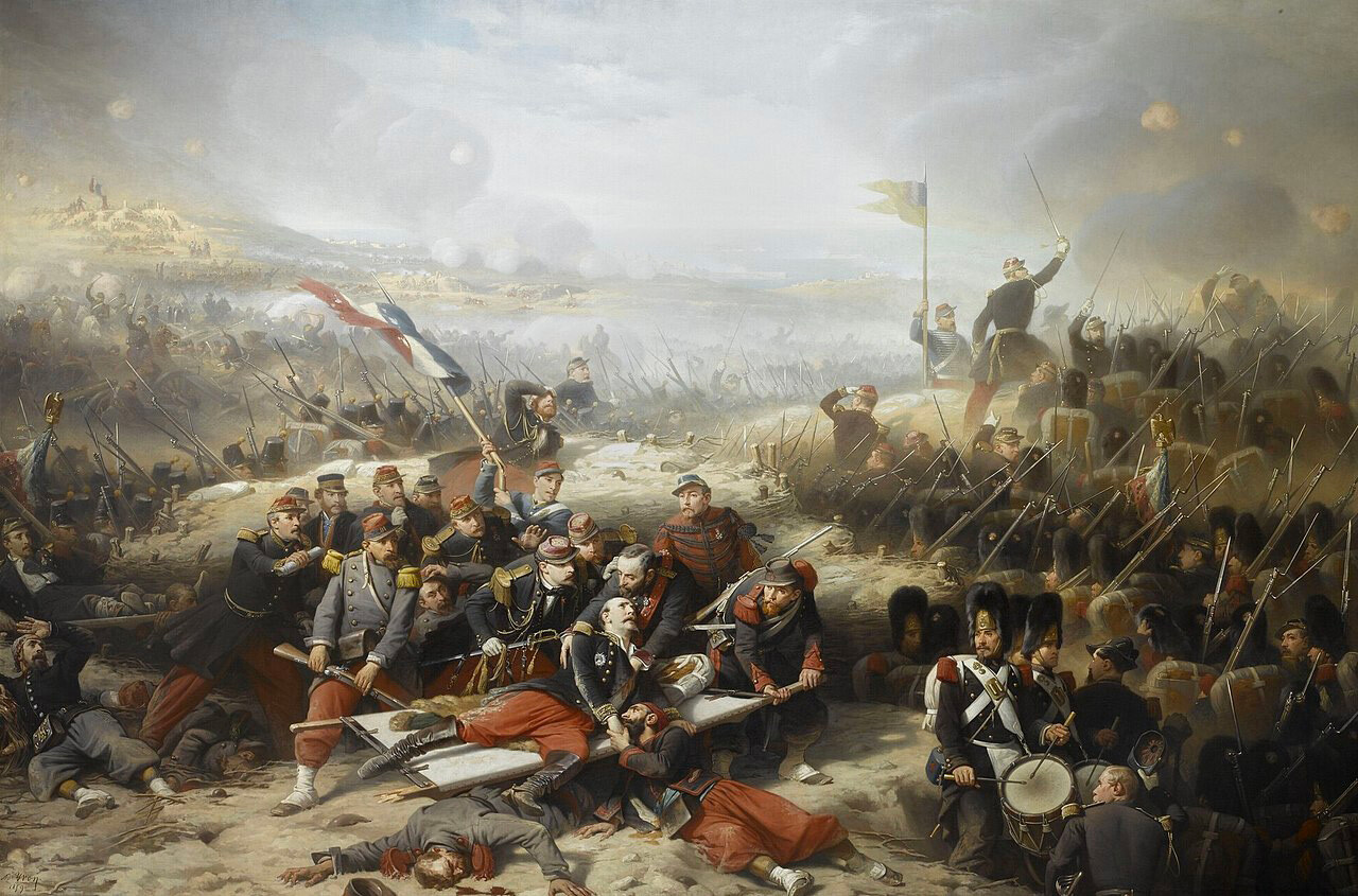 'Batalla de Malájov kurgán'. En primer plano: el general Bosquet herido durante el asalto. Guerra de Crimea (1853-1856). 