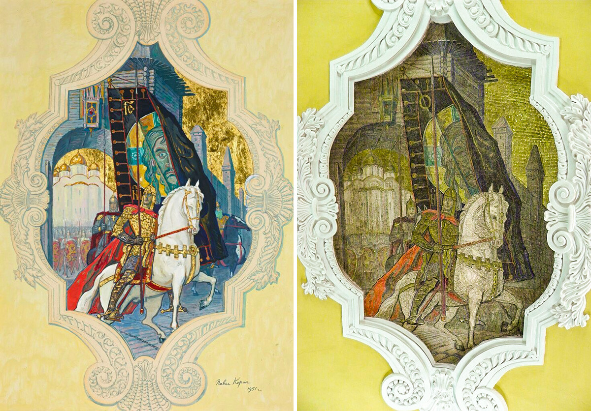 Un boceto para el mosaico de la calle Komsomólskaia y el propio mosaico con la efigie de Alexánder Nevski.