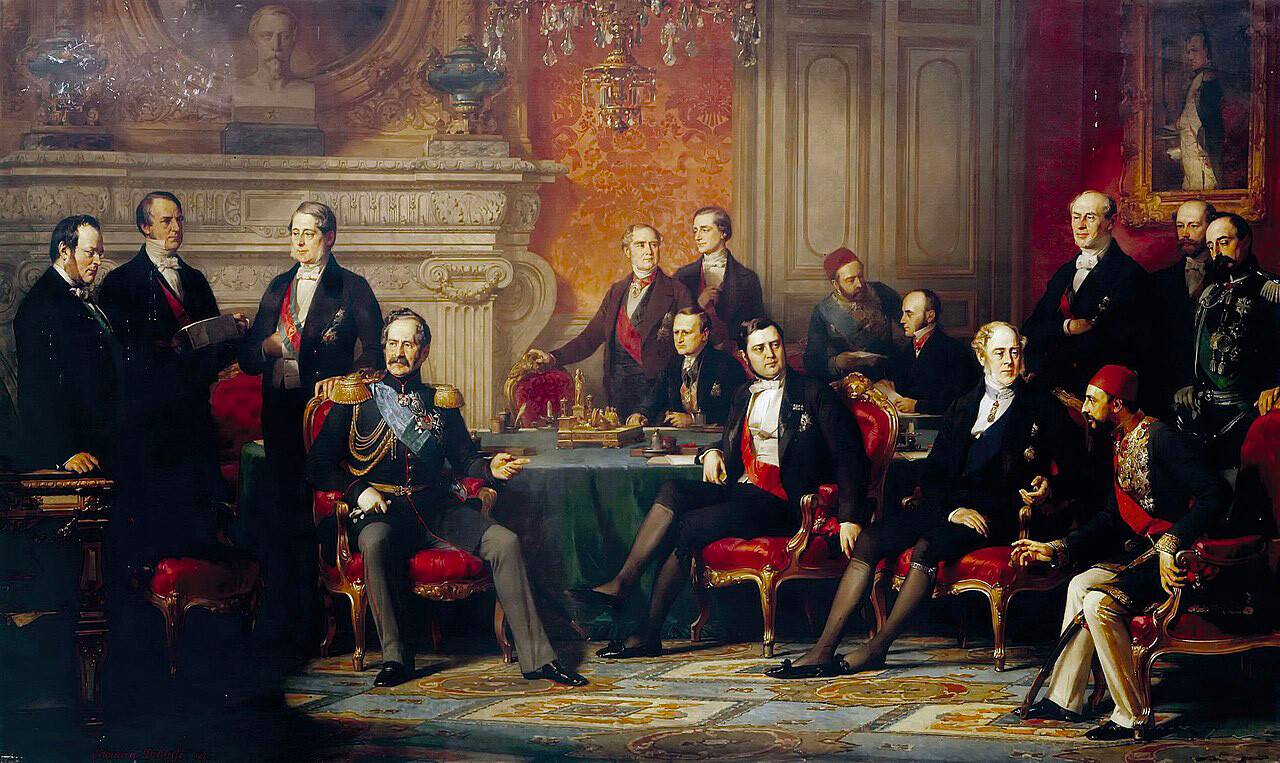 I partecipanti al Congresso di Parigi, che si riunì dal 25 febbraio al 16 aprile 1856 al fine di ristabilire la pace dopo la Guerra di Crimea.  Il primo delegato a sinistra è Cavour (Regno di Sardegna). L'ultimo personaggio a destra in piedi è l'ambasciatore piemontese Villamarina