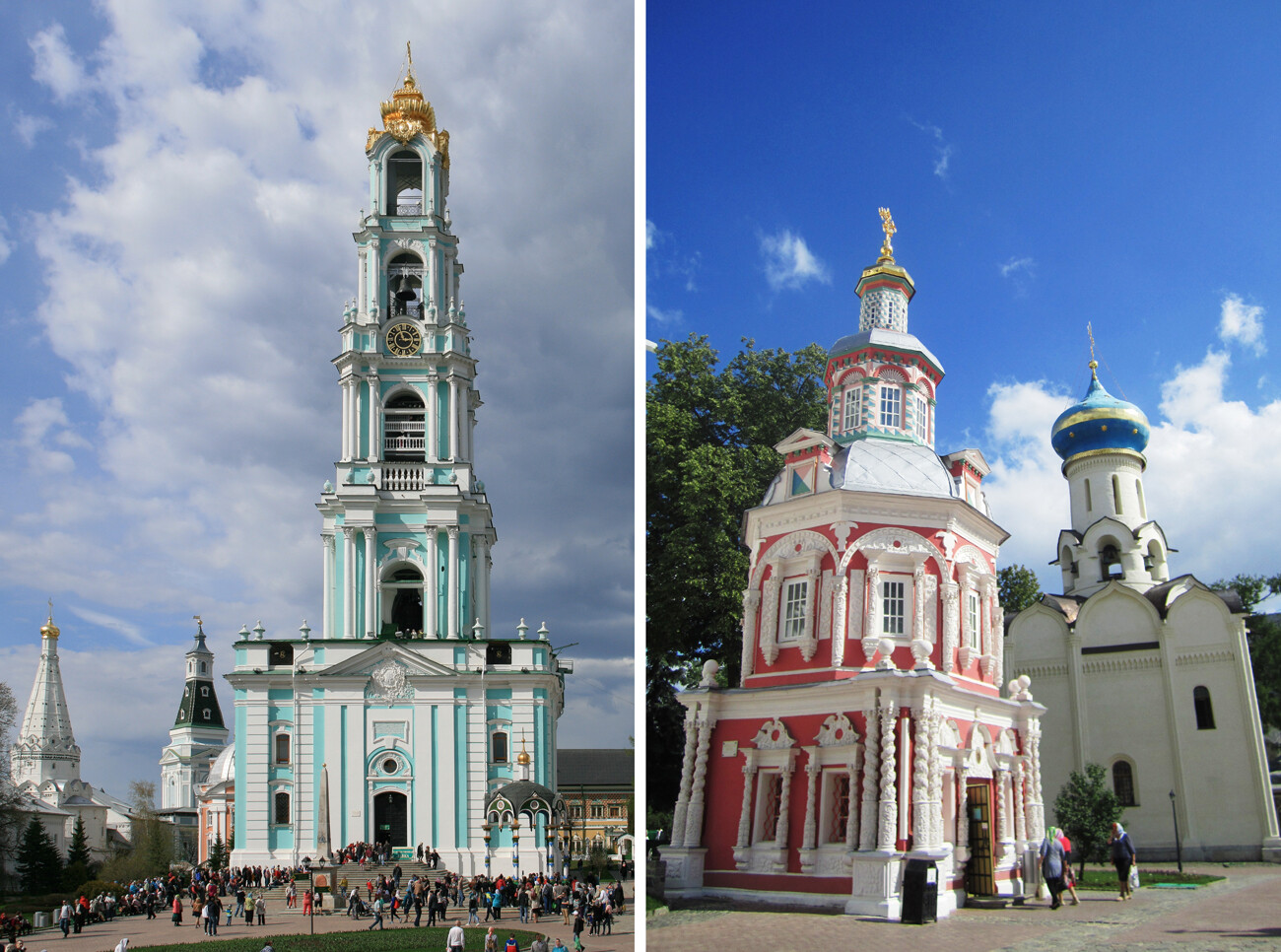 Слева – колокольня Лавры, справа – надкладезная часовня