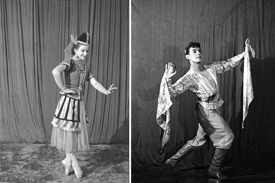 Tatiana Vechéslova y Nikolái Zubkovski en trajes del ballet 