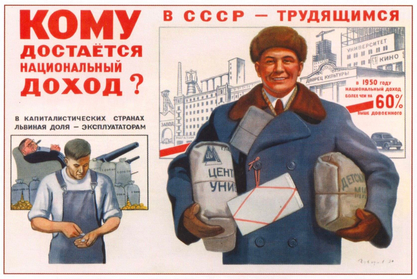 Плакат «Кому достается национальный доход? В капиталистических странах львиная доля – эксплуататорам, в СССР – трудящимся»